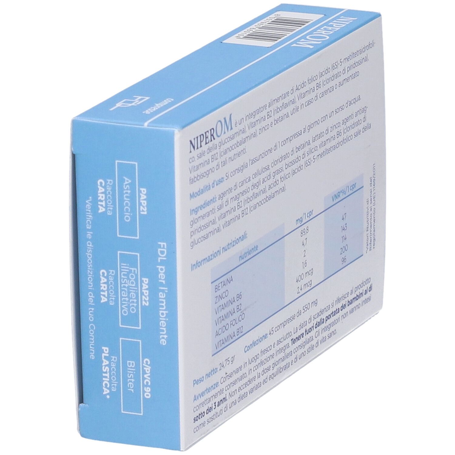 Schachtel mit Tabletten, schräg. Rückseite mit Informationen zu Inhaltsstoffen und Nährwerten. Text in italienischer Sprache.