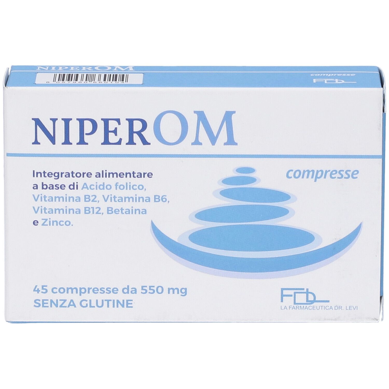 Tablettenschachtel. Aufschrift: NIPEROM, compresse. Enthält Vitamine und Mineralstoffe. 45 Tabletten.