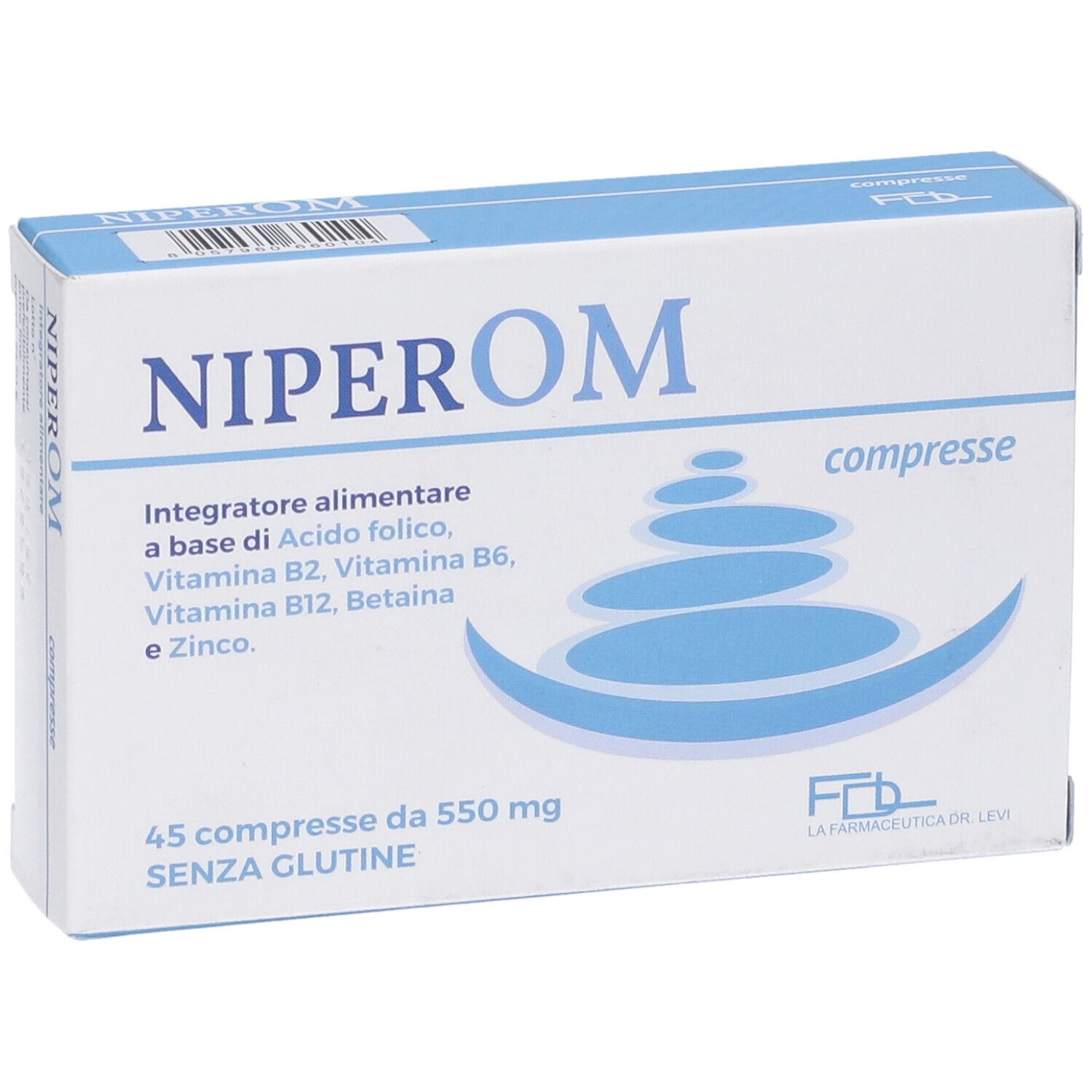 Tablettenschachtel. Aufschrift: NIPEROM, compresse. Enthält Vitamine und Mineralstoffe. 45 Tabletten.