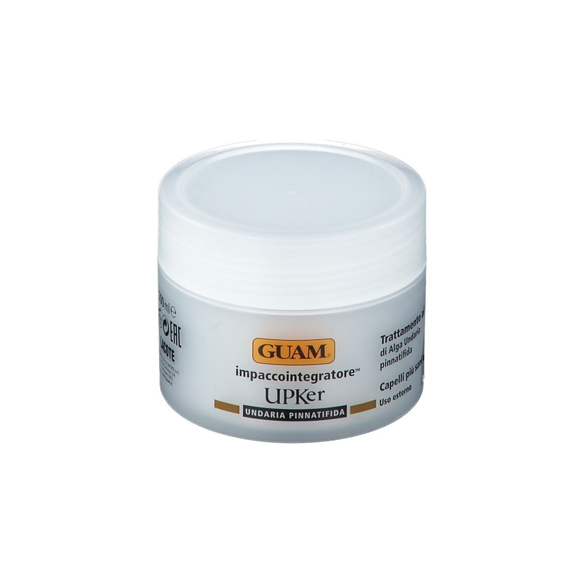 Vasetto bianco con coperchio. GUAM UPKer è scritto sul vasetto. Testo: Trattamento con il 15% di Undaria pinnatifida. Per capelli più sani e forti.