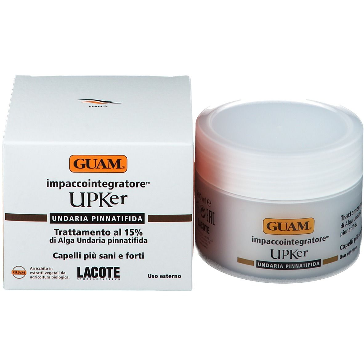 Vasetto bianco con coperchio e scatola. GUAM UPKer è scritto sul vasetto e sulla scatola. Testo: Trattamento con il 15% di Undaria pinnatifida.