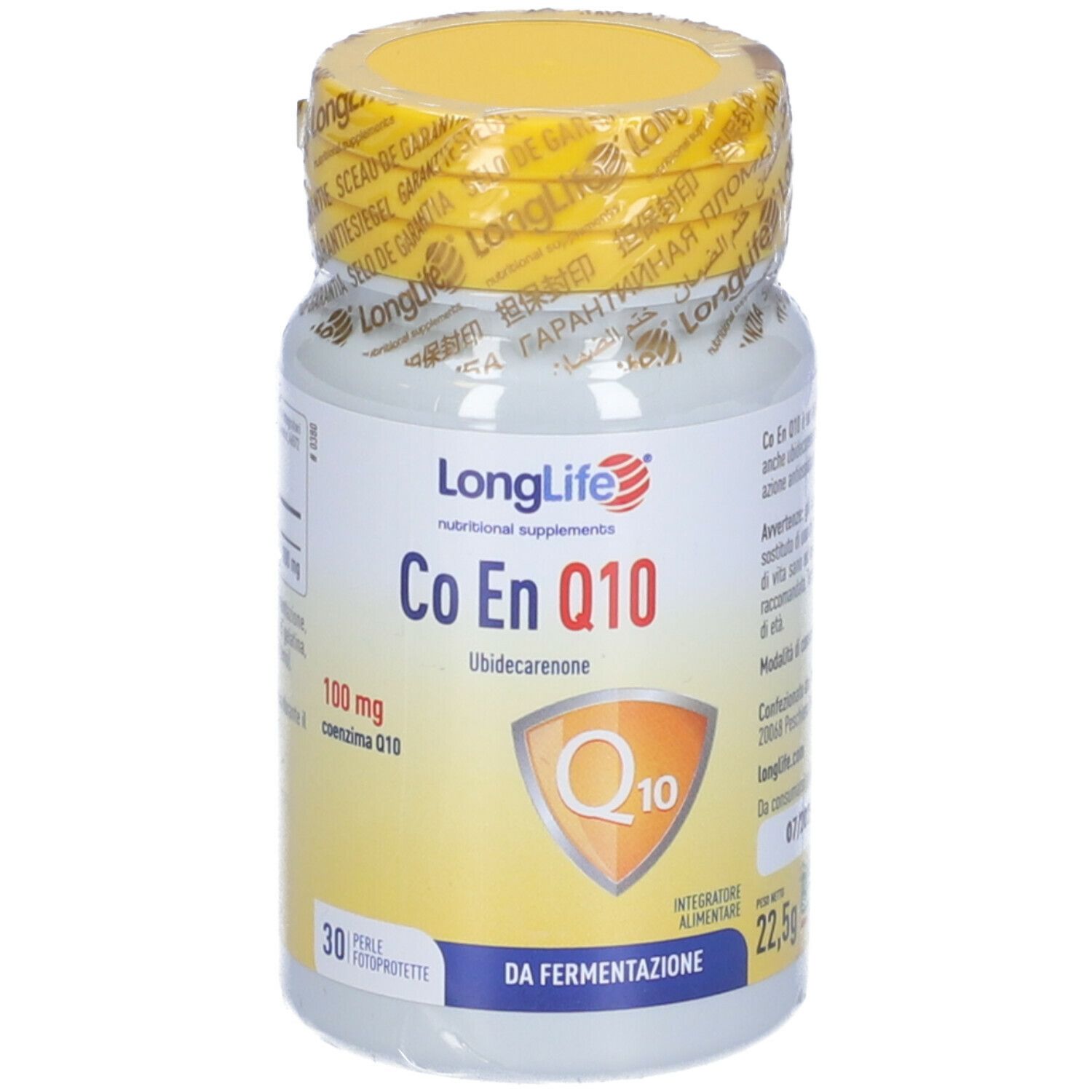 Weißes Fläschchen mit gelbem Deckel. Aufschrift: Co En Q10, 100 mg. 30 Kapseln.