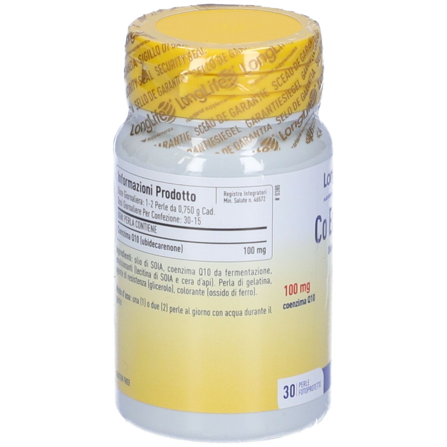 Rückseite des Fläschchens. Aufschrift: Co En Q10, 100 mg. Zutatenliste und Dosierung.