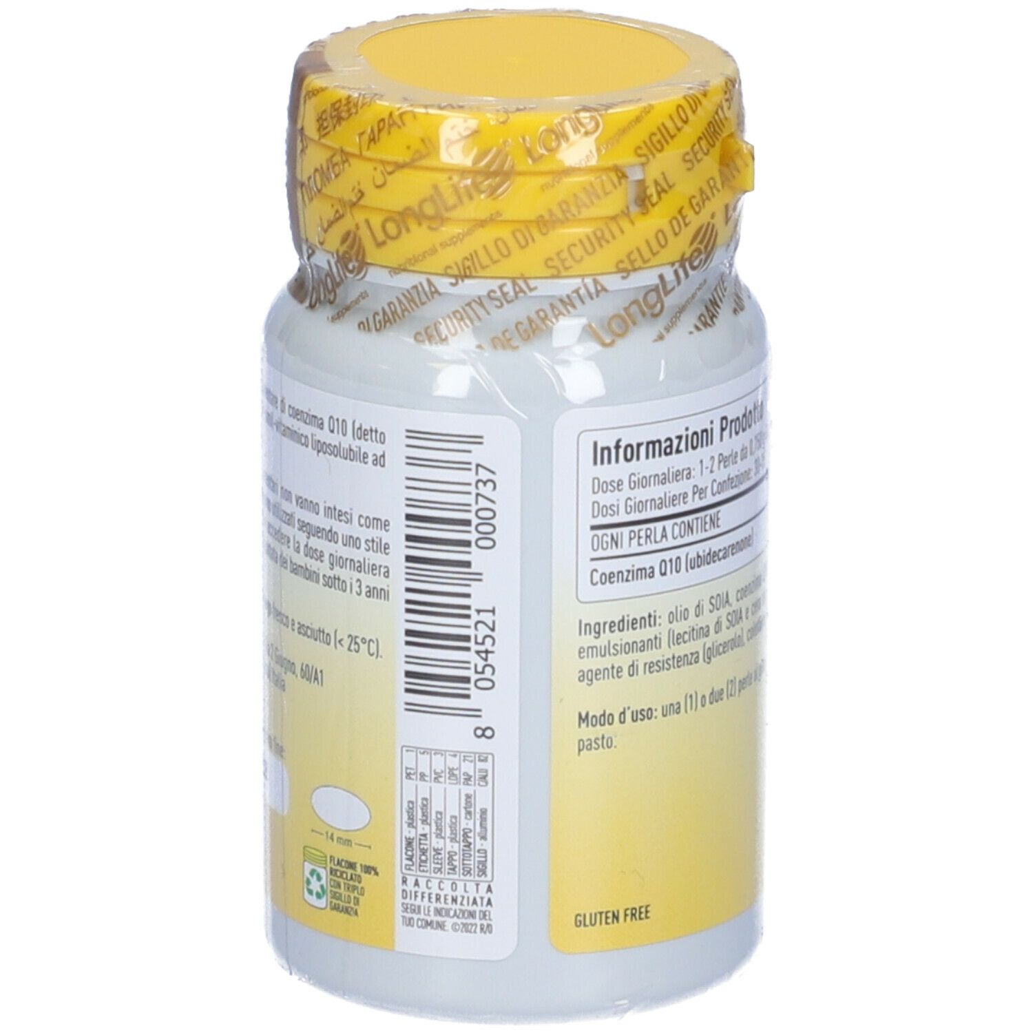 Rückseite des Fläschchens. Aufschrift: Co En Q10, 100 mg. Informationen zur Anwendung.