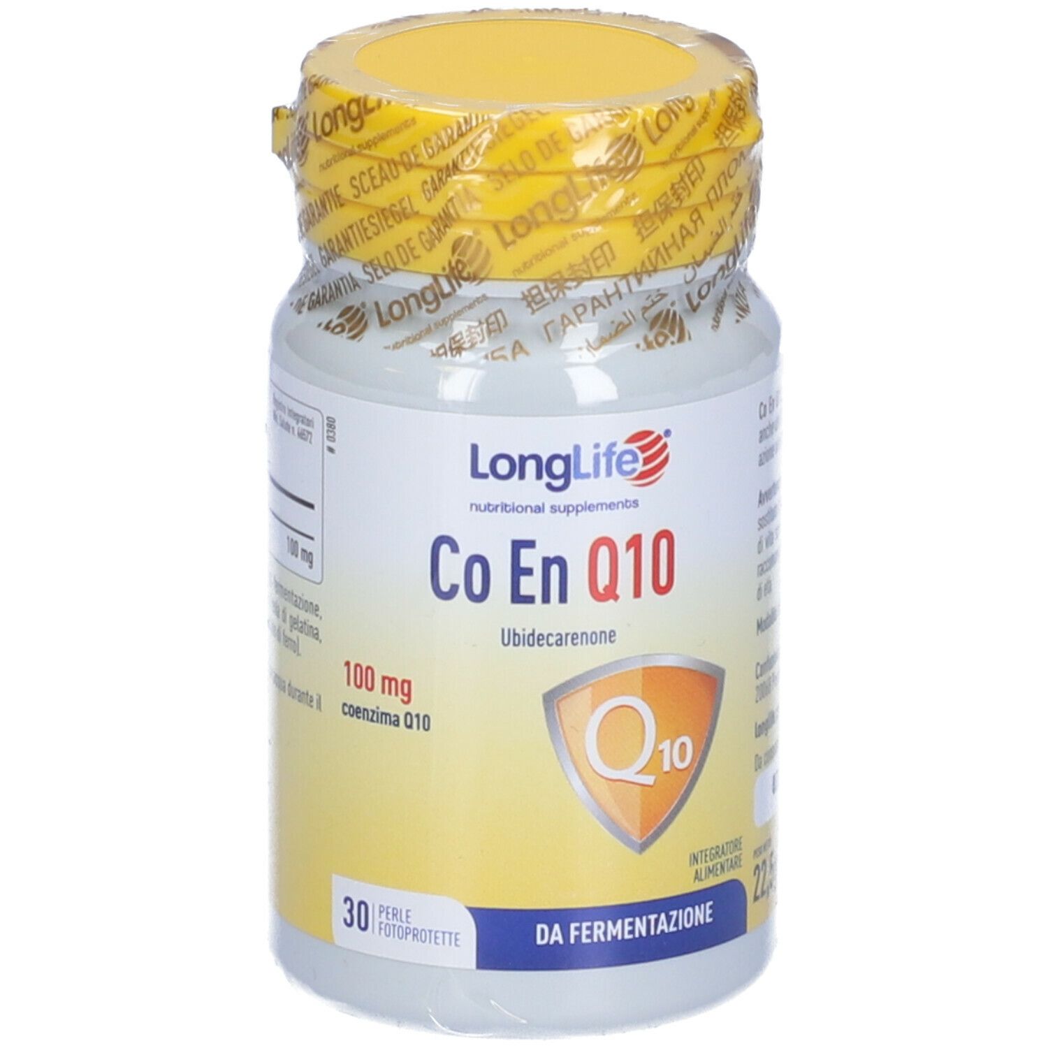 Weißes Fläschchen mit gelbem Deckel. Aufschrift: Co En Q10, 100 mg. 30 Kapseln.