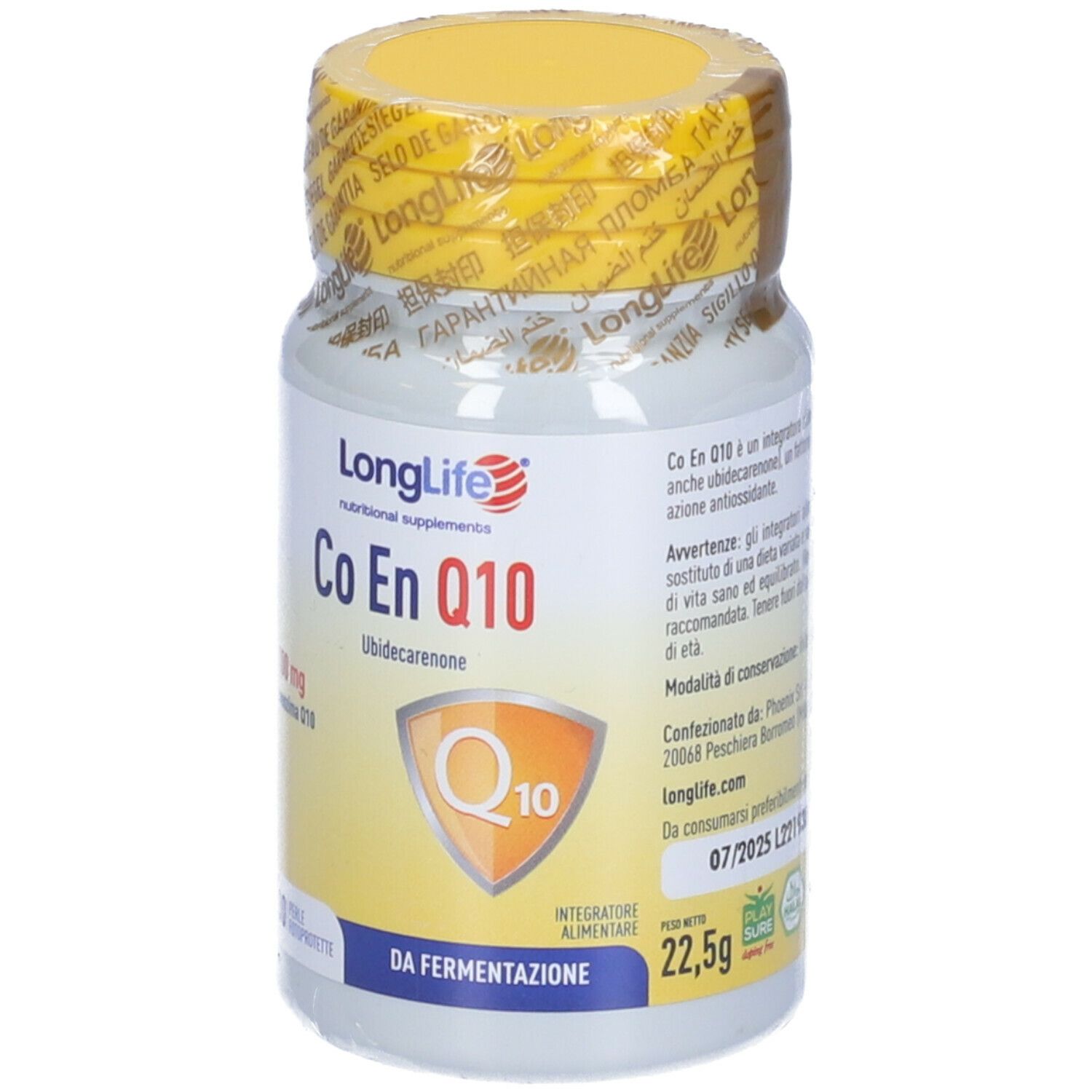 Weißes Fläschchen mit gelbem Deckel. Aufschrift: Co En Q10, 100 mg. 22,5g.