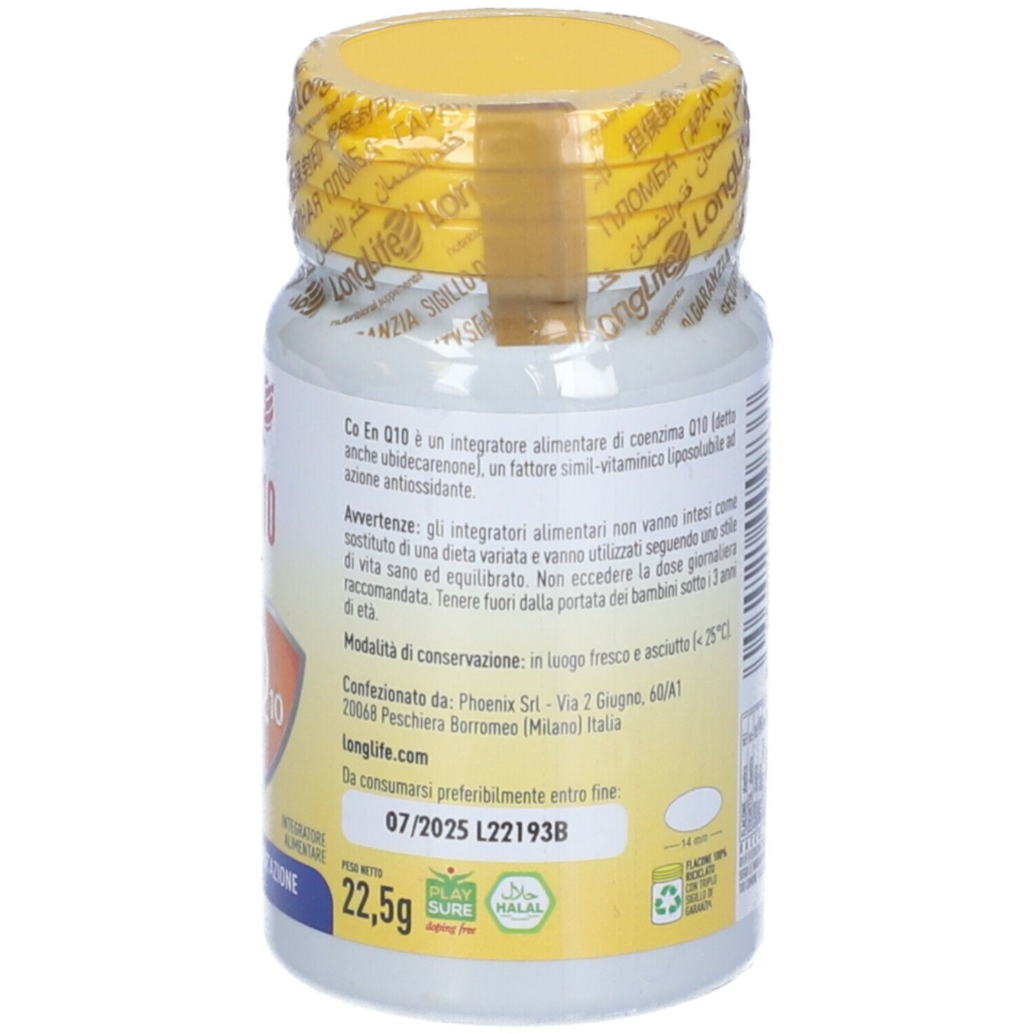 Rückseite des Fläschchens. Aufschrift: Co En Q10, 100 mg. Informationen und Haltbarkeit.