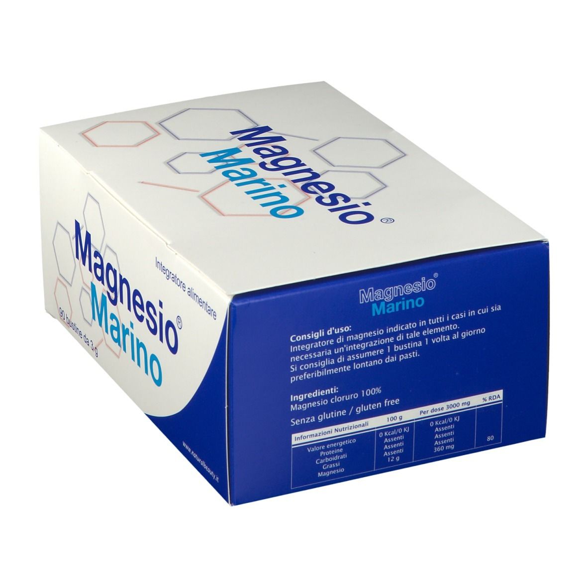 Scatola bianca e blu con scritta Magnesio Marino®. Scritto: 90 bustine da 3 g. Integratore alimentare. Testo sul retro.