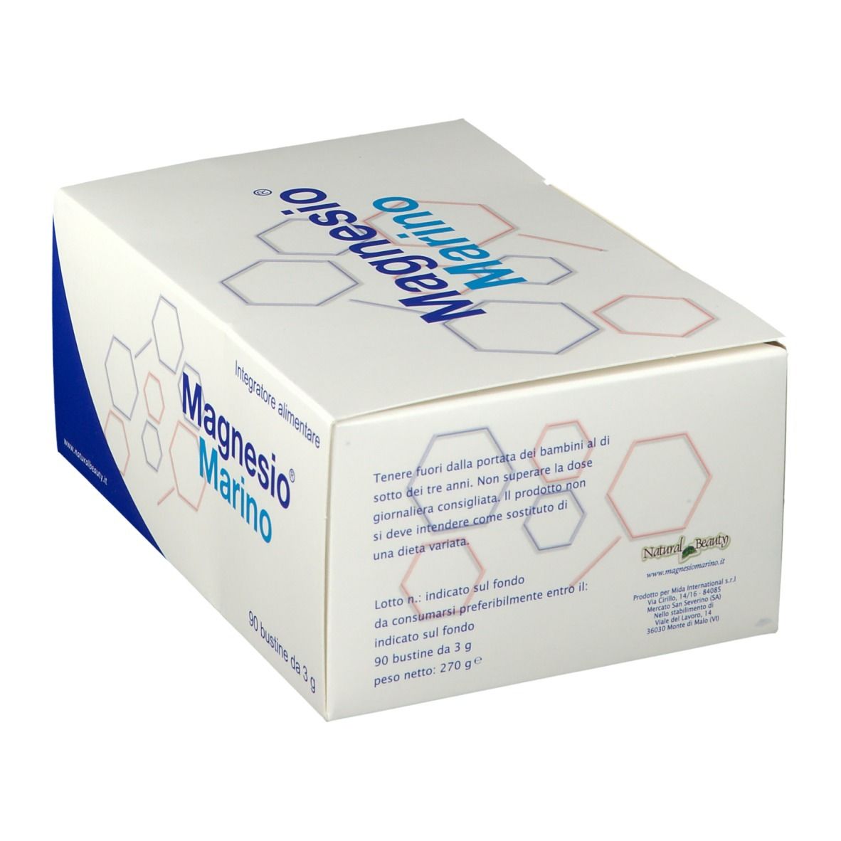 Scatola bianca e blu con scritta Magnesio Marino®. Scritto: 90 bustine da 3 g. Integratore alimentare. Testo sul retro.