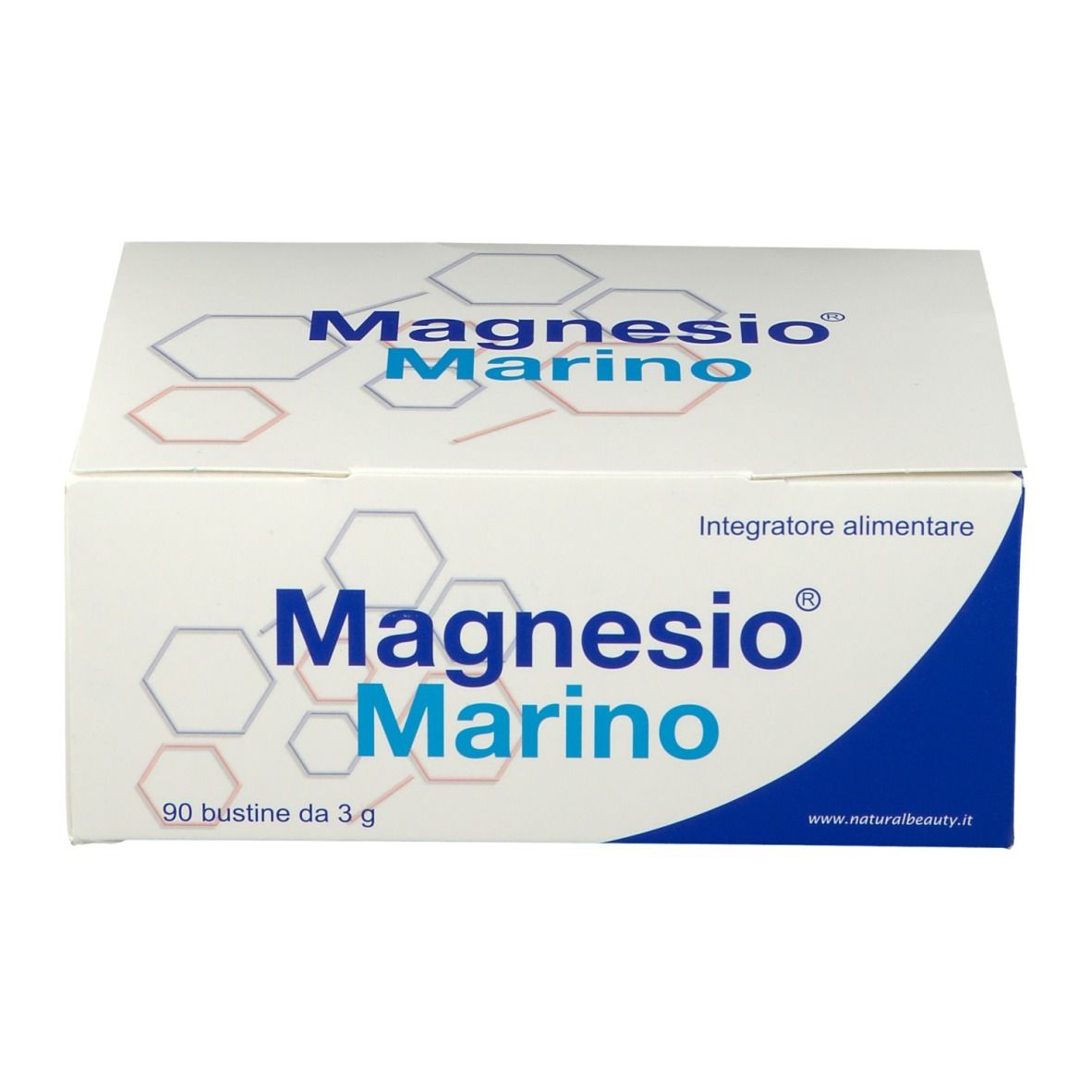 Scatola bianca e blu con scritta Magnesio Marino®. Scritto: 90 bustine da 3 g. Integratore alimentare.