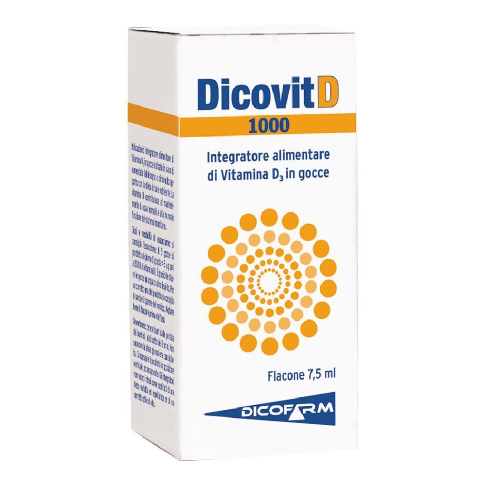 Scatola bianca con stampa del prodotto. Scritto: Dicovit D 1000, Integratore alimentare di Vitamina D3 in gocce. Flacone 7,5 ml.