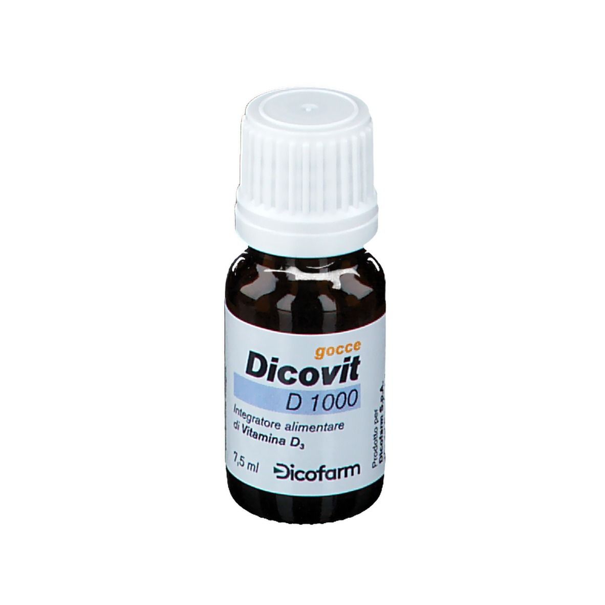 Flacone di vetro marrone con tappo a vite bianco. Scritto: Dicovit D 1000, Integratore alimentare di Vitamina D3, 7,5 ml. Dicofarm.