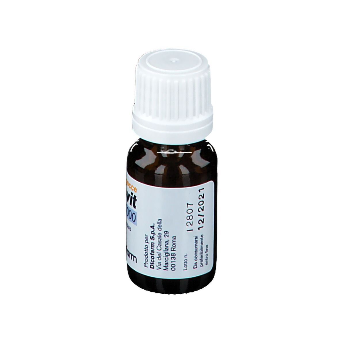 Flacone di vetro marrone con tappo a vite bianco. Scritto: Dicovit D 1000, Integratore alimentare di Vitamina D3, 7,5 ml. Dicofarm. Scadenza 12/2021.