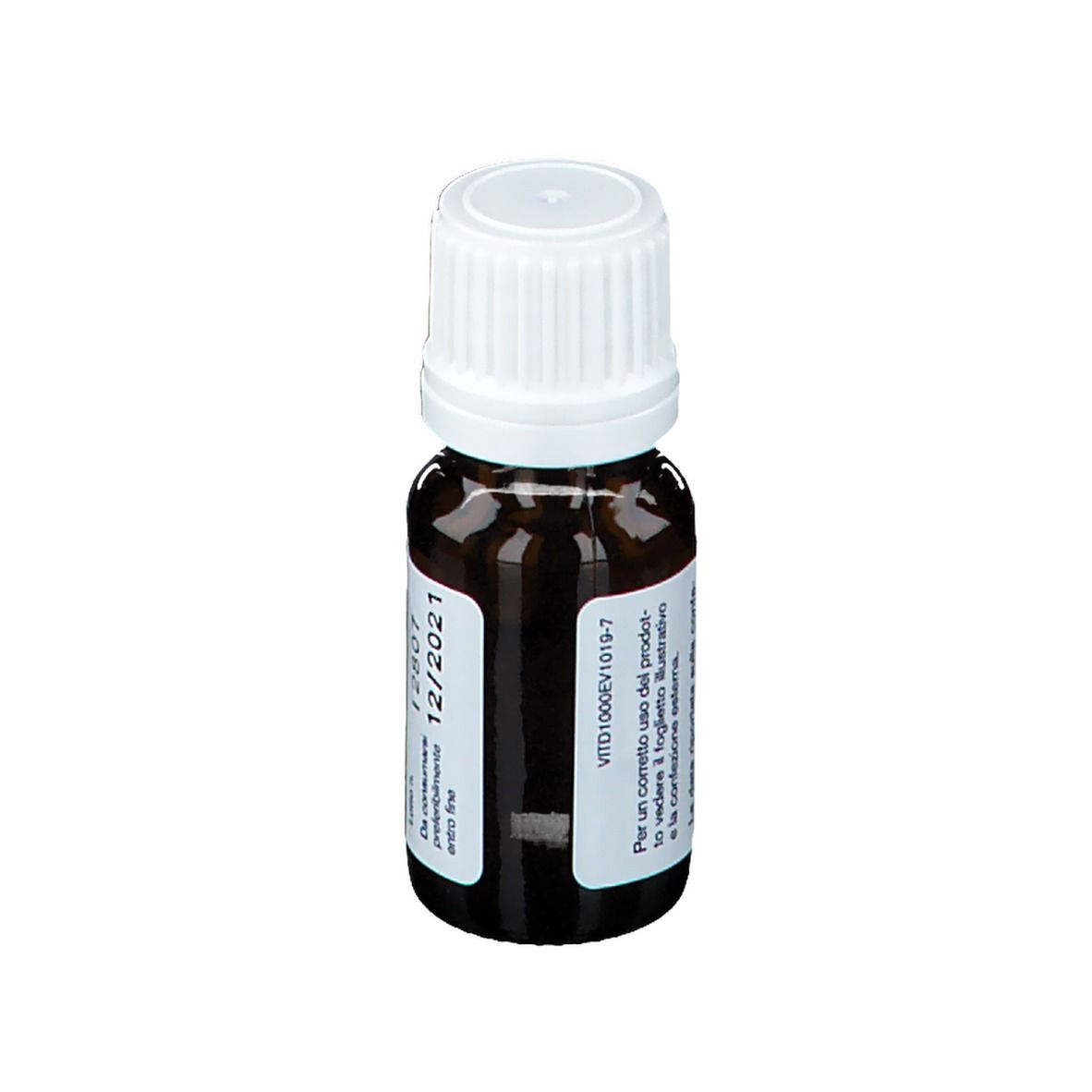 Flacone di vetro marrone con tappo a vite bianco. Scritto: Dicovit D 1000, Integratore alimentare di Vitamina D3, 7,5 ml. Dicofarm. Scadenza 12/2021.