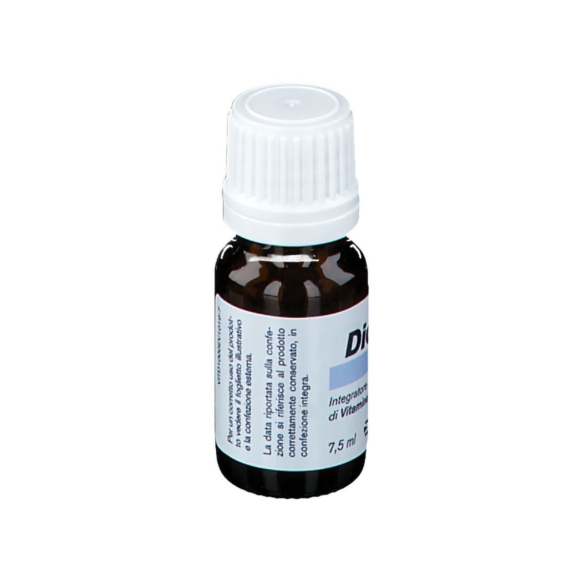 Flacone di vetro marrone con tappo a vite bianco. Scritto: Dicovit D 1000, Integratore alimentare di Vitamina D3, 7,5 ml. Dicofarm.