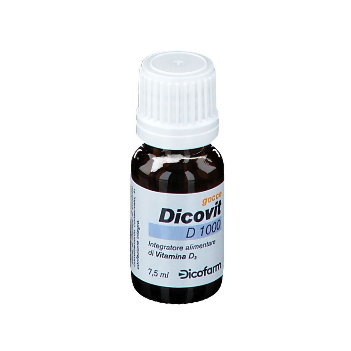 Flacone di vetro marrone con tappo a vite bianco. Scritto: Dicovit D 1000, Integratore alimentare di Vitamina D3, 7,5 ml. Dicofarm.