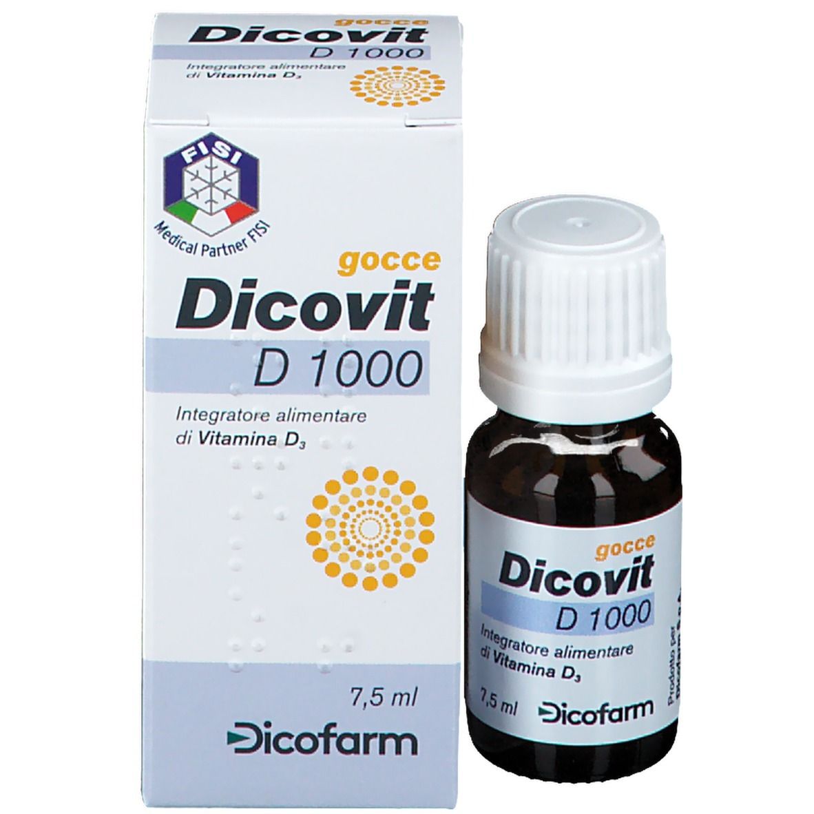 Confezione del prodotto con flacone. Scritto: Dicovit D 1000, Integratore alimentare di Vitamina D3, 7,5 ml. Dicofarm. Con logo FISt.