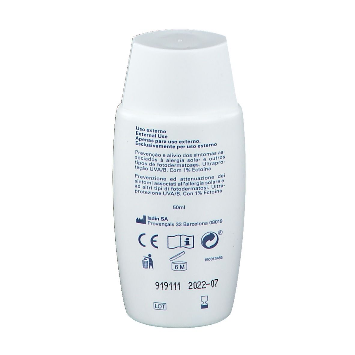 Retro di un flacone bianco. Contiene testo, simboli e numero di lotto. 50ml.