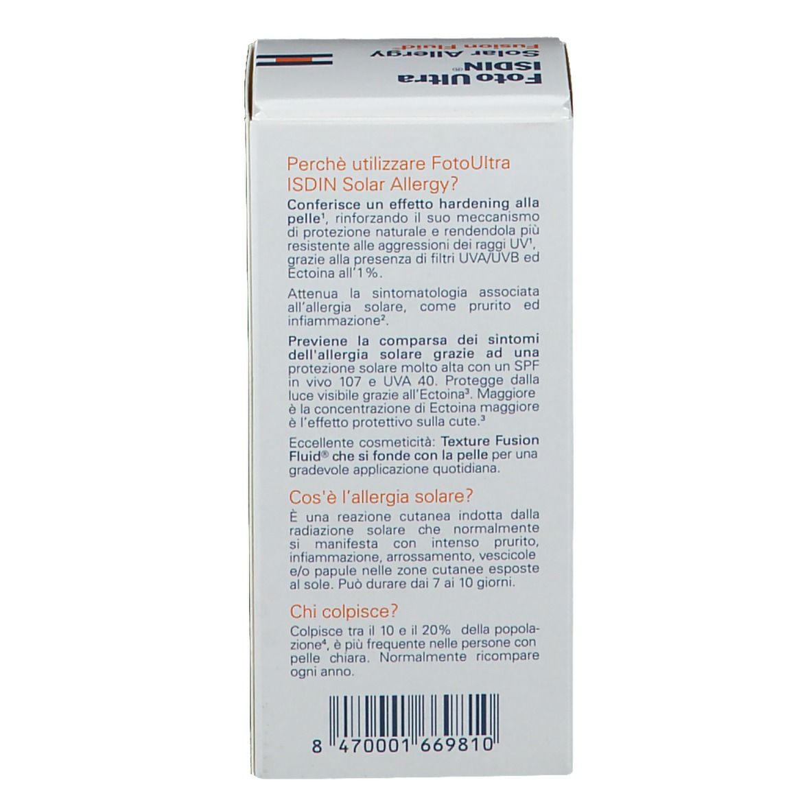 Confezione con testo. Contiene informazioni su Foto Ultra ISDIN Solar Allergy. E 50ml.