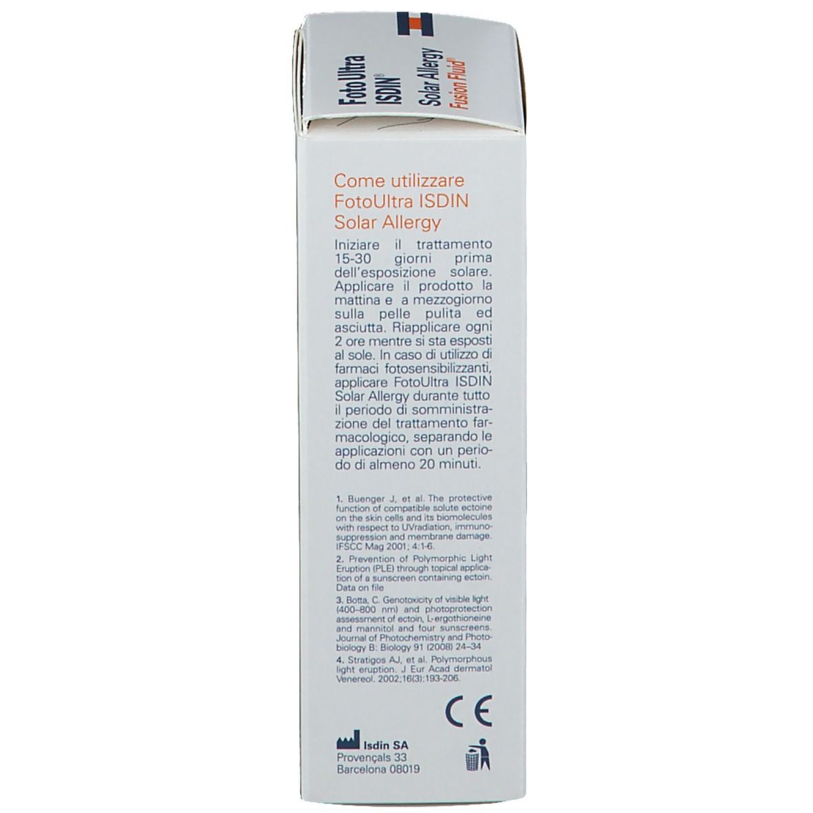 Confezione con testo. Contiene informazioni sull'uso di Foto Ultra ISDIN Solar Allergy. E 50ml.