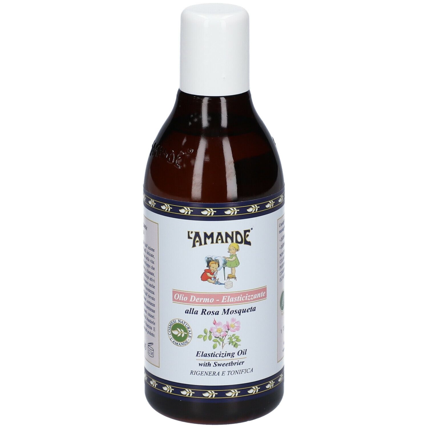 Flacone marrone con tappo bianco. Etichetta con nome del prodotto e logo. L'AMANDE® Olio Dermo Elasticizzante alla Rosa Mosqueta.