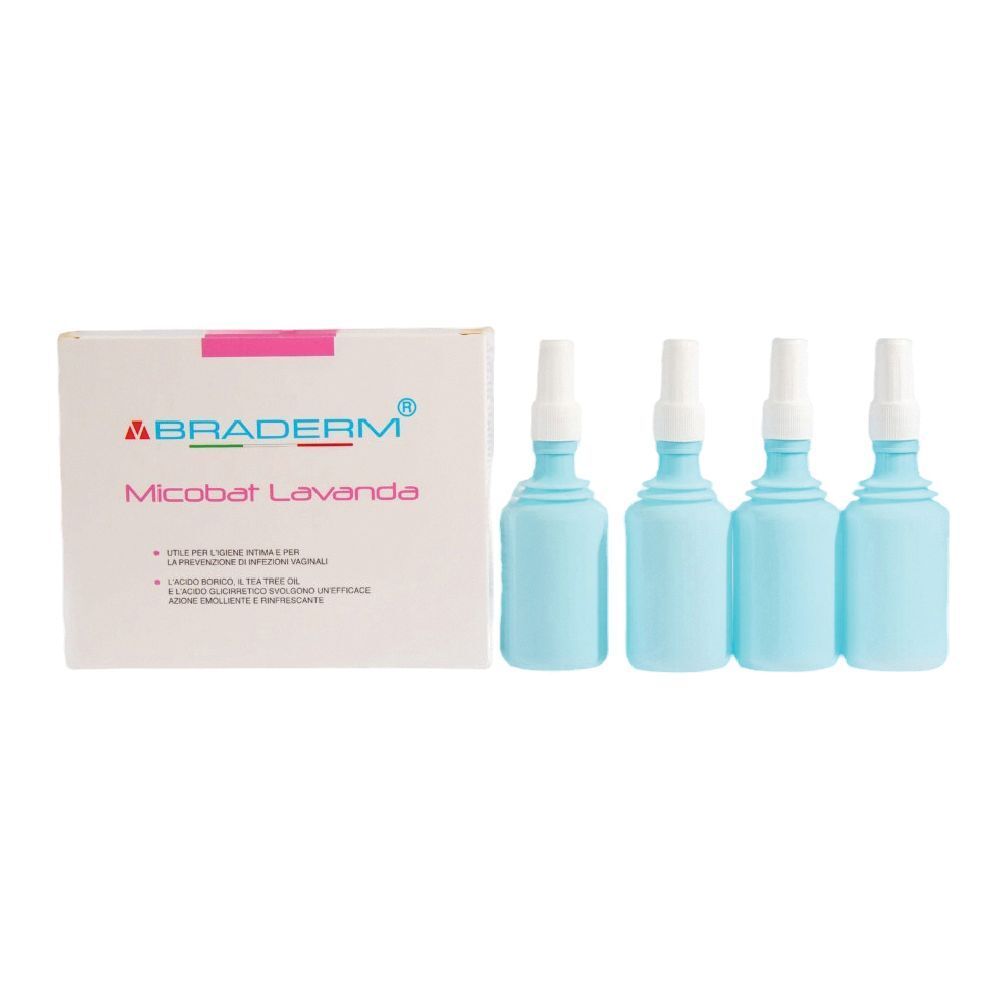 Confezione e quattro flaconi azzurri con vaporizzatori. Marchio Braderm, nome Micobat Lavanda visibile sulla confezione.