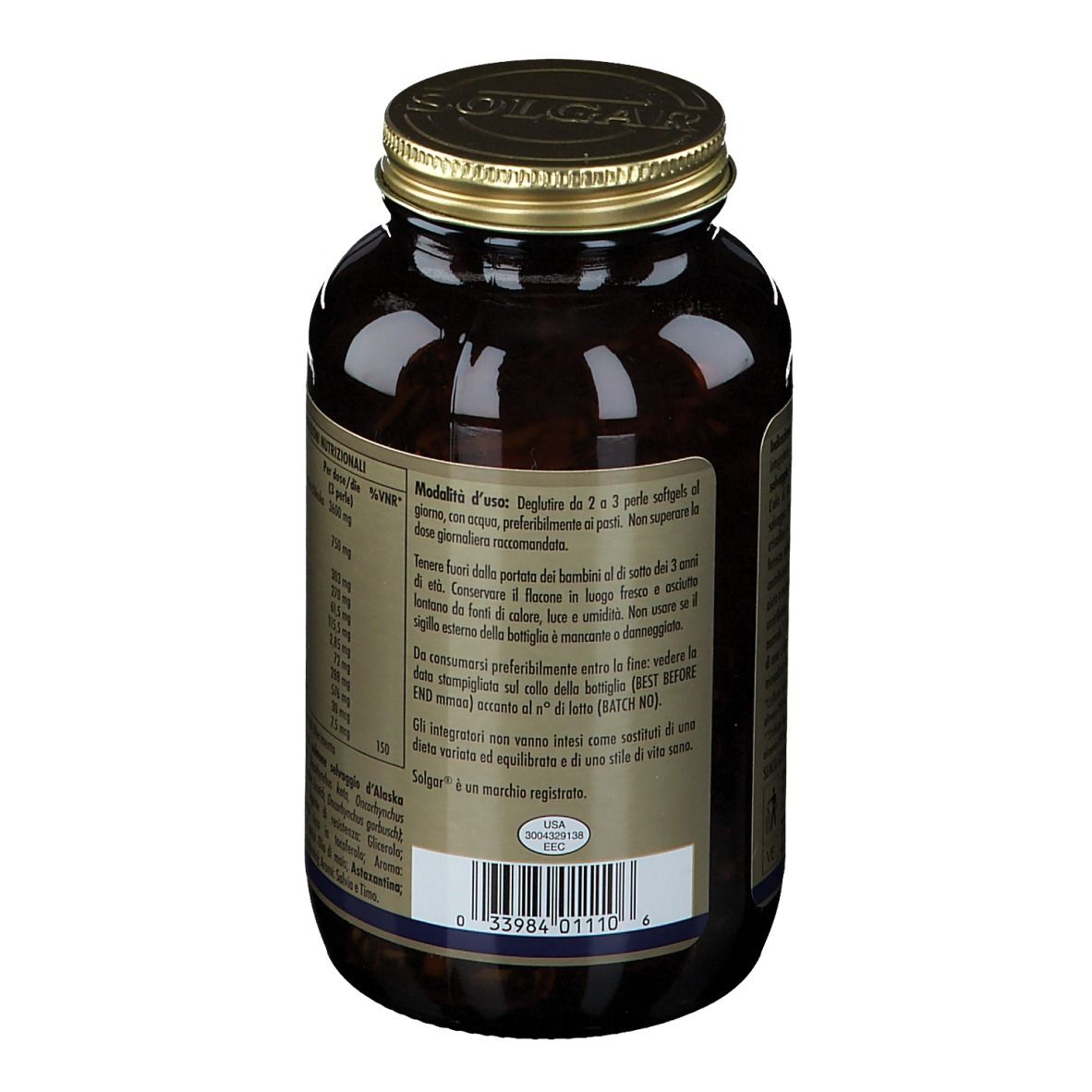 Dos du flacon en verre brun avec bouchon doré. Étiquette avec instructions d'utilisation et ingrédients.