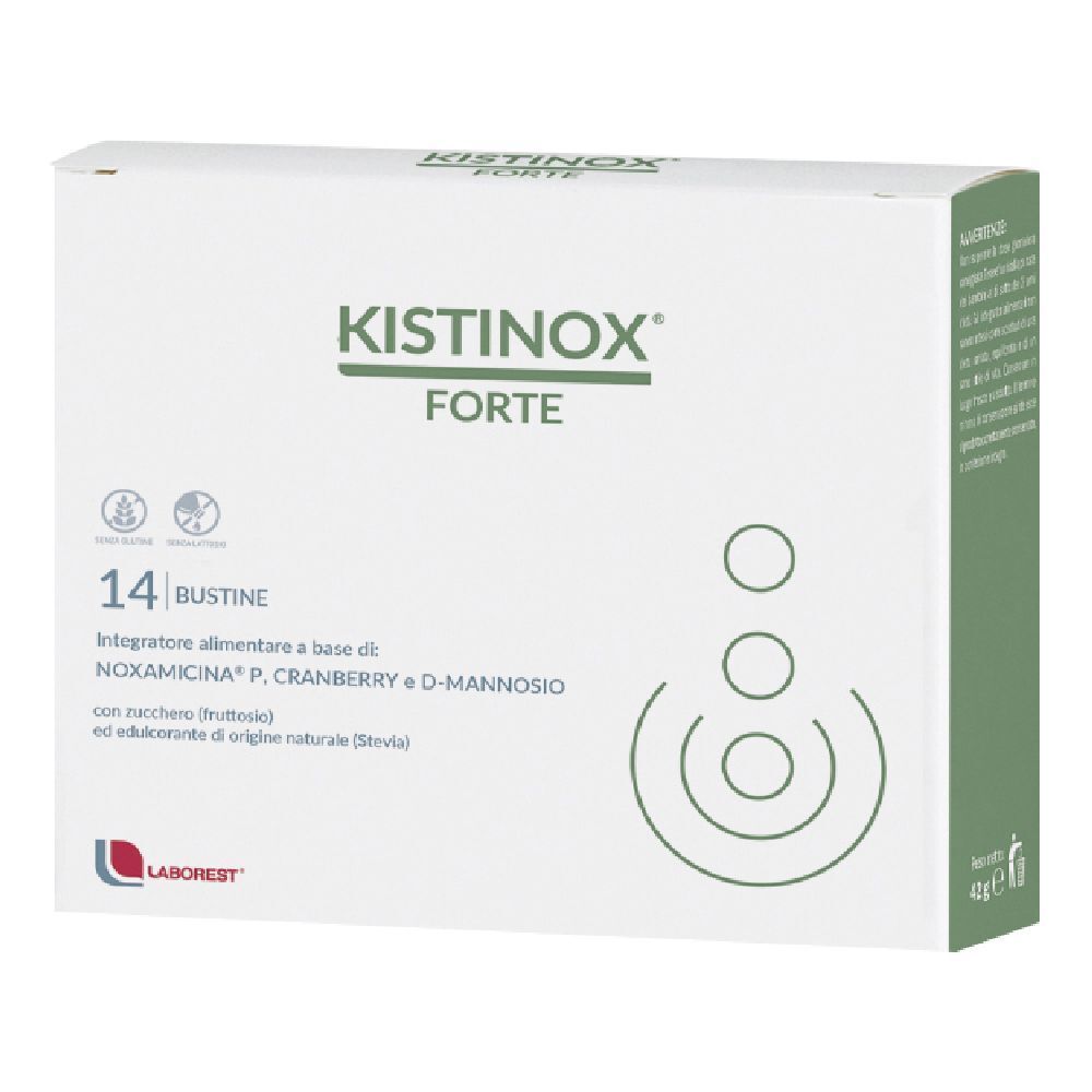 Weiße Schachtel mit grünem Akzent. Aufschrift: Kistinox Forte, 14 Bustine. Logo Laborest. Illustrationen.