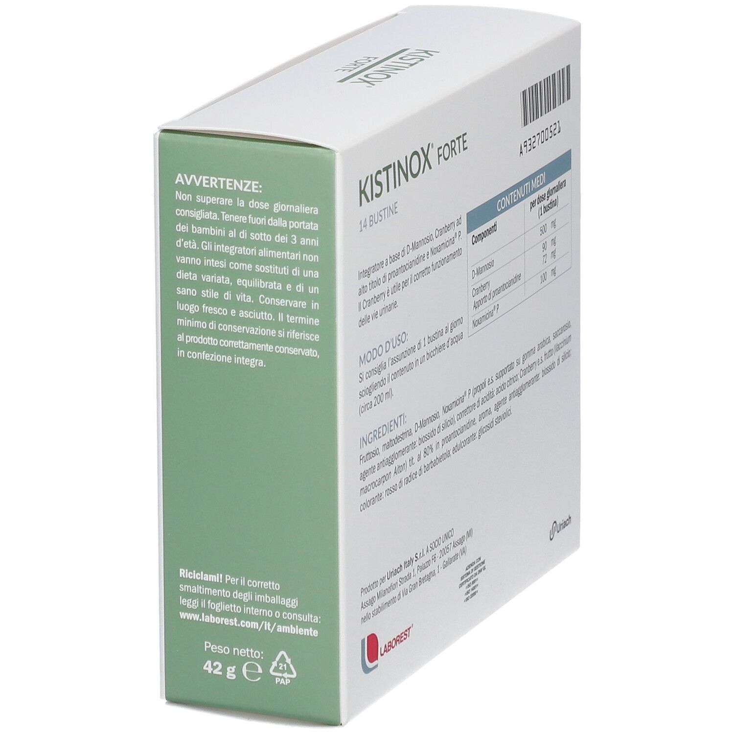 Weiße Schachtel mit grüner Rückseite. Aufschrift: Kistinox Forte, 14 Bustine. Warnhinweise und Inhaltsstoffe.