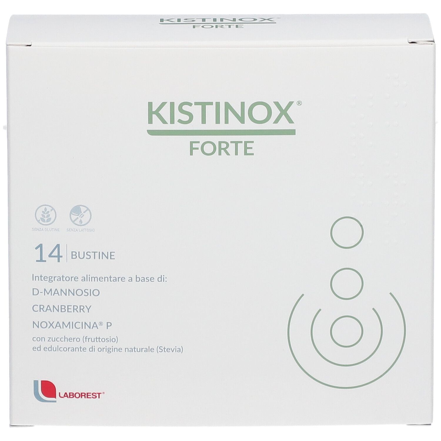Weiße Schachtel. Aufschrift: Kistinox Forte, 14 Bustine. Logo Laborest. Produktinformationen.