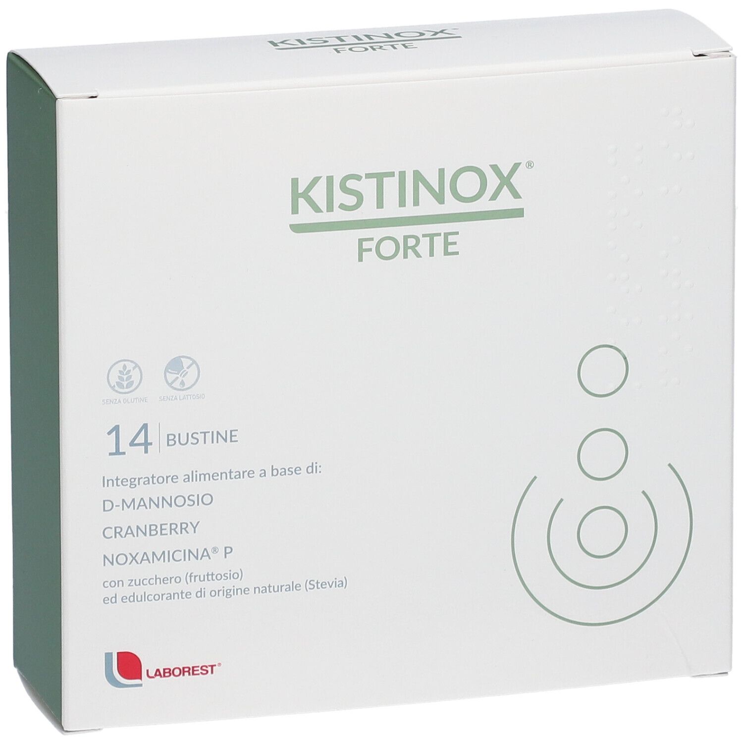 Weiße Schachtel. Aufschrift: Kistinox Forte, 14 Bustine. Logo Laborest. Produktinformationen.