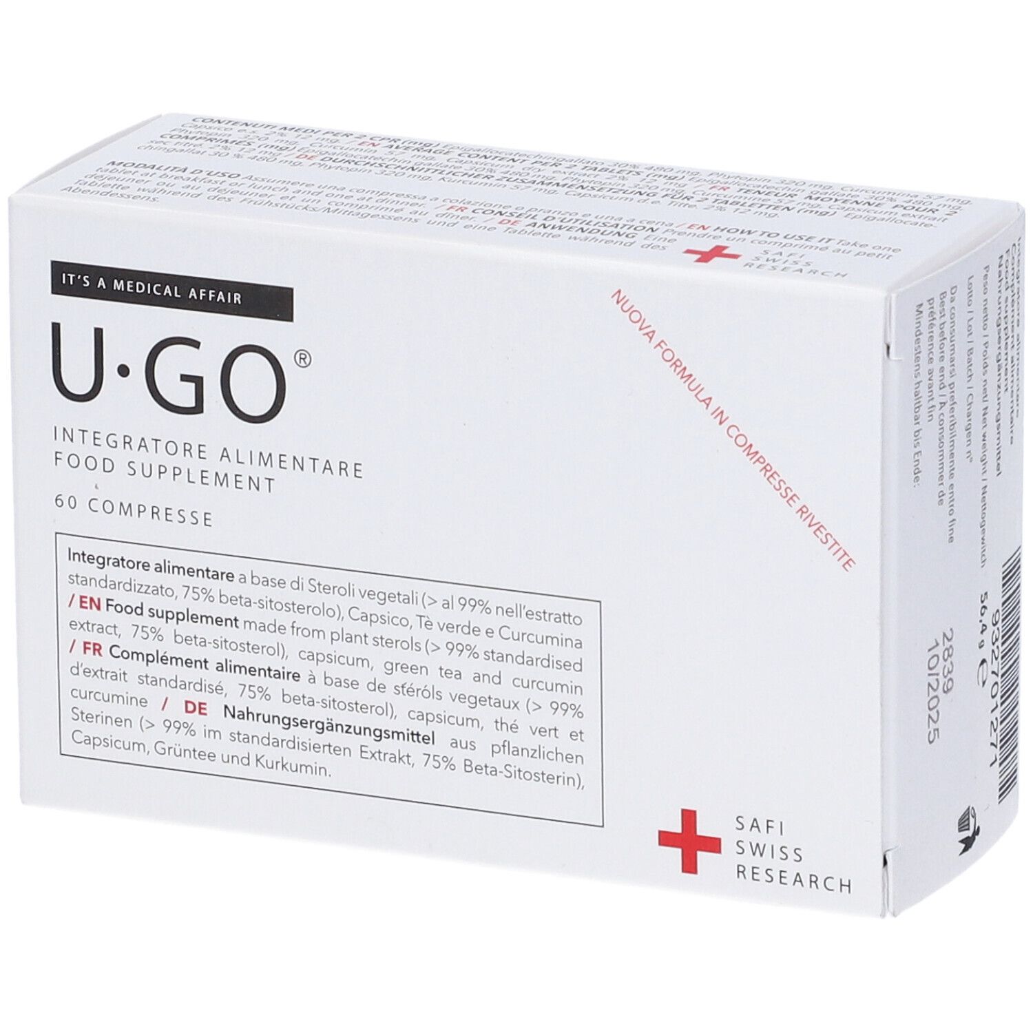Scatola bianca U-GO, 60 compresse. Testo in tedesco, inglese, francese e italiano. Logo croce rossa e Safi Swiss Research.