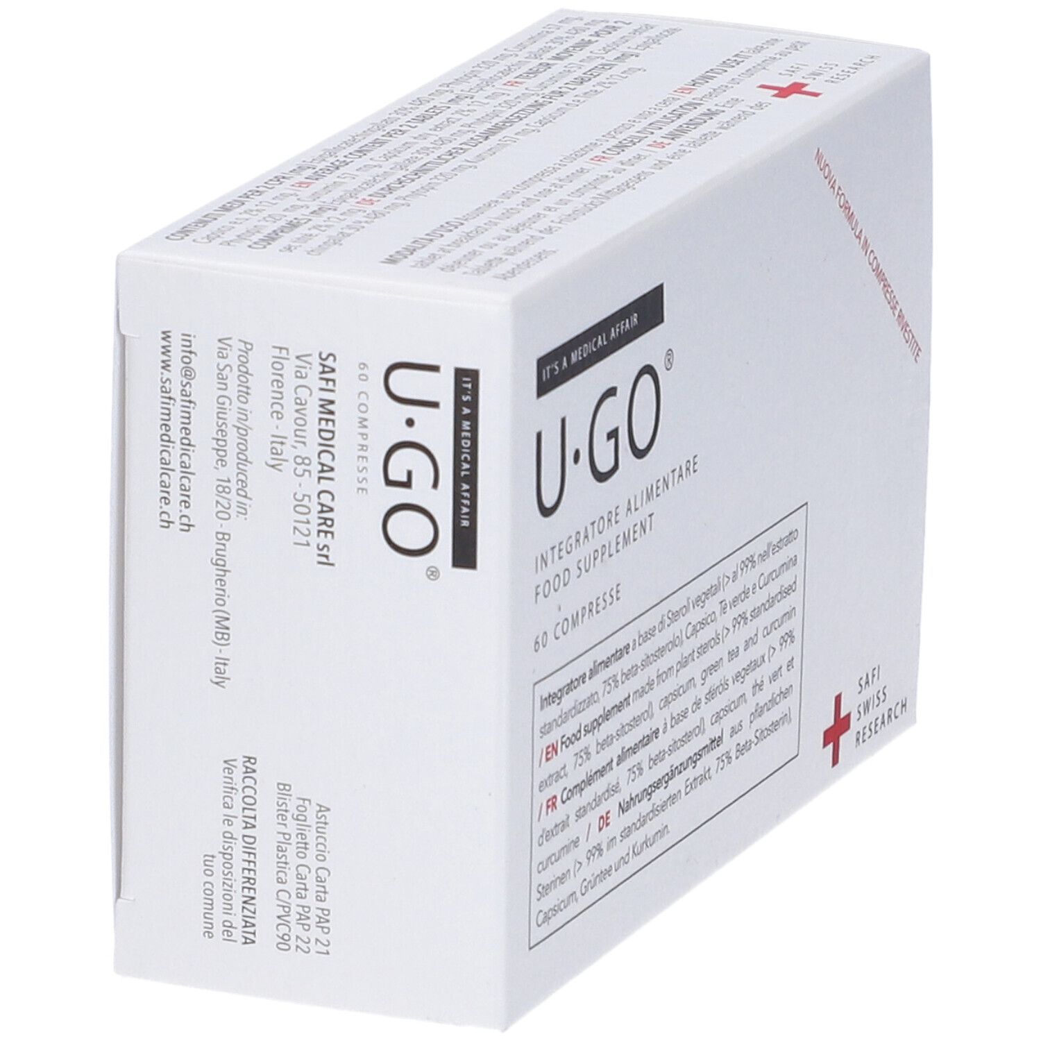 Scatola U-GO bianca, in diagonale. Scritta U-GO, 60 compresse. Testo in tedesco, inglese, francese e italiano. Logo croce rossa.