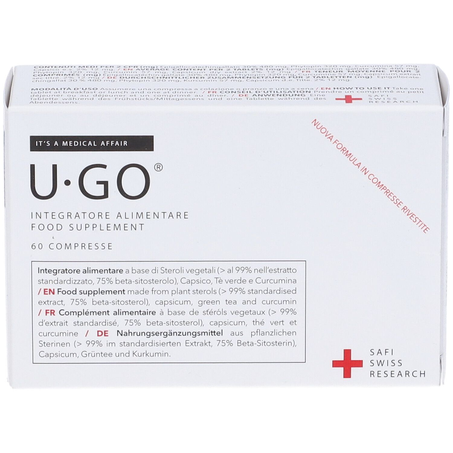 Scatola bianca U-GO, 60 compresse. Testo in tedesco, inglese, francese e italiano. Logo croce rossa e Safi Swiss Research.