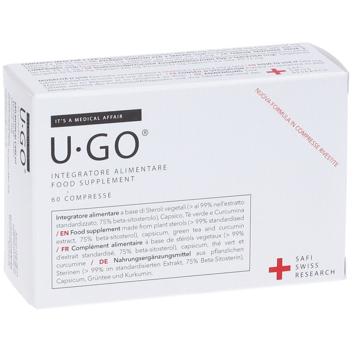Scatola bianca U-GO, 60 compresse. Testo in tedesco, inglese, francese e italiano. Logo croce rossa e Safi Swiss Research.