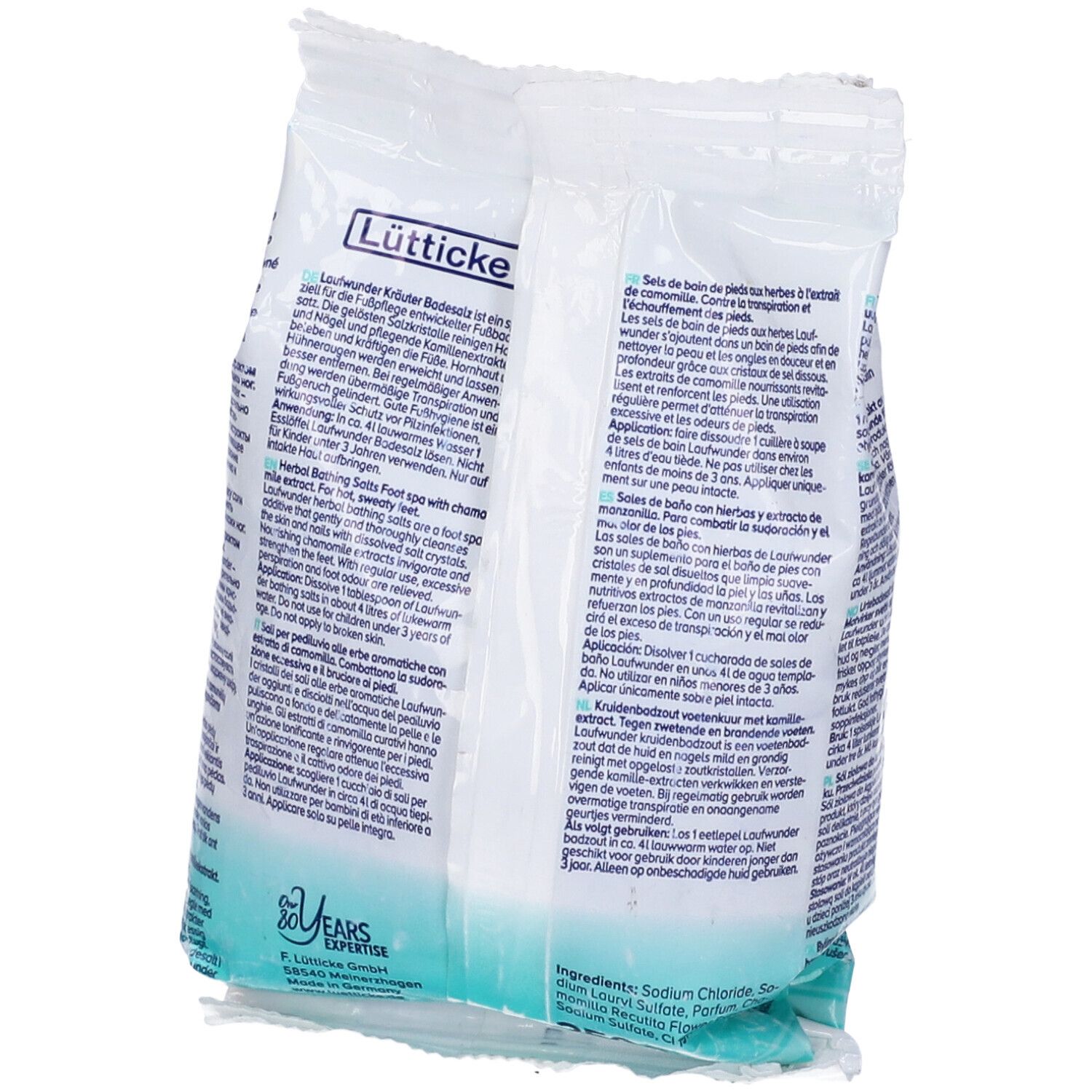 Lütticke Kräuter Badesalz-Tüte mit Kräuterextrakt. Enthält Natriumchlorid und Sulfone.