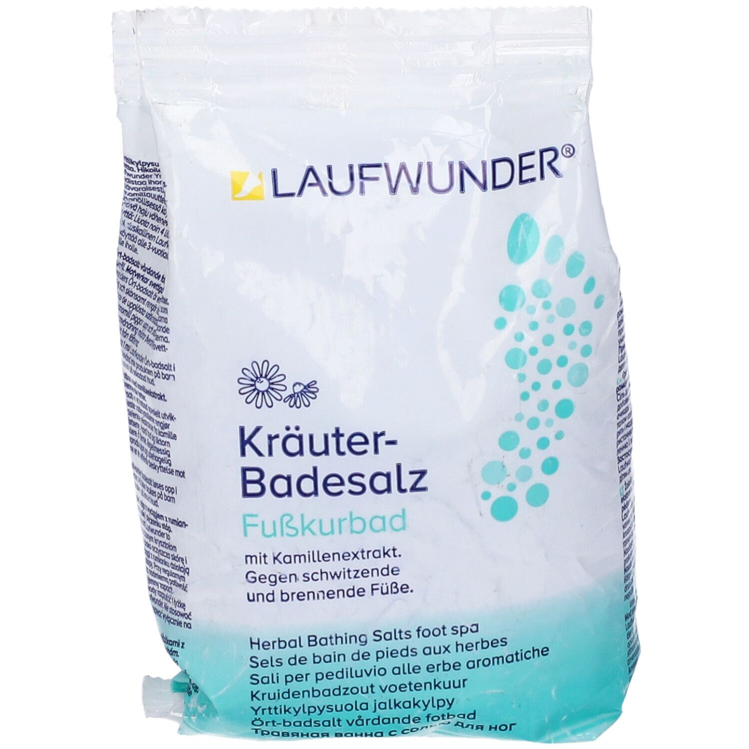 Laufwunder Kräuter-Badesalz Fußkurbad mit Kamillenextrakt. Gegen schwitzende und brennende Füße.
