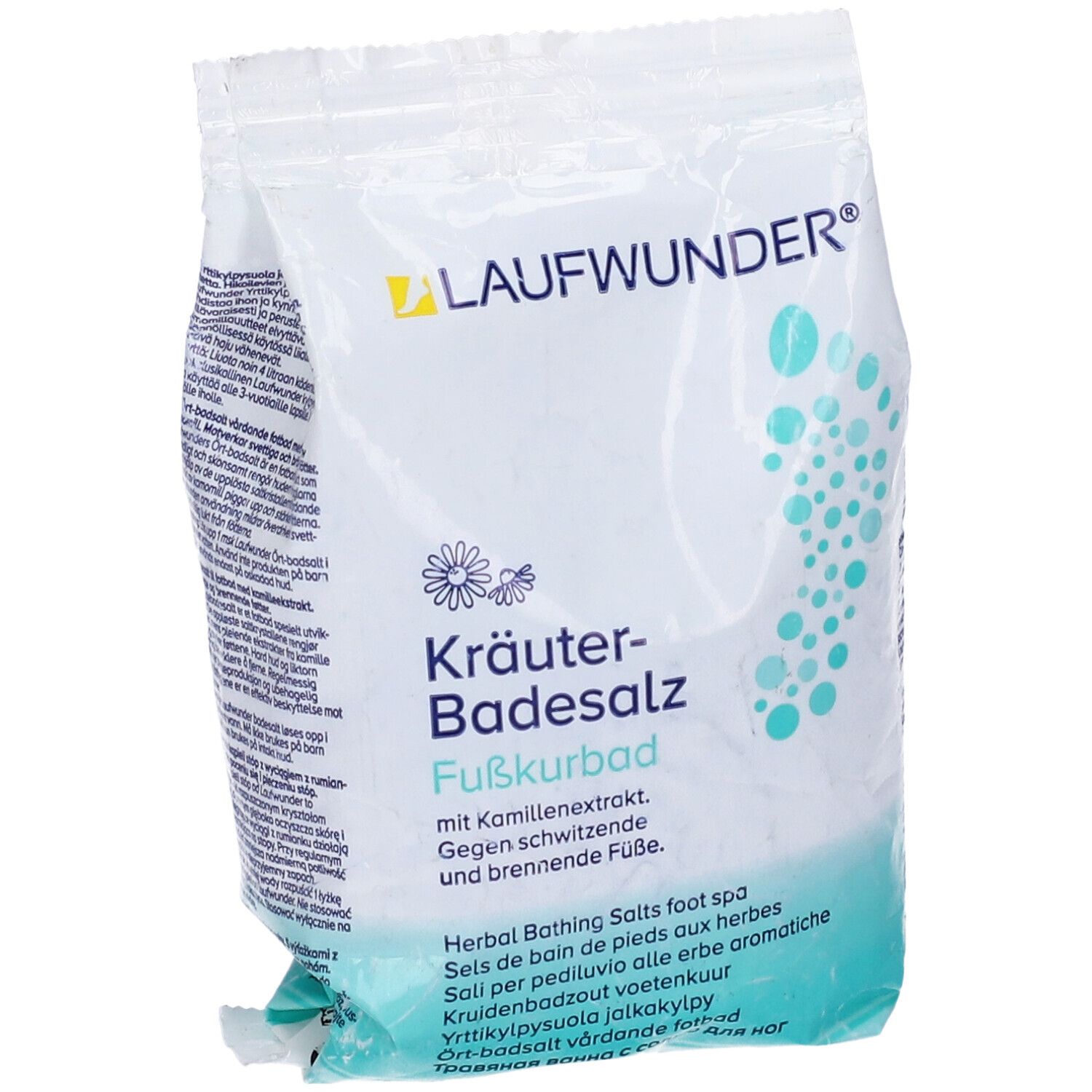 Laufwunder Kräuter-Badesalz Fußkur mit Kamillenextrakt. Weiße Verpackung mit Fußabdruck-Design.