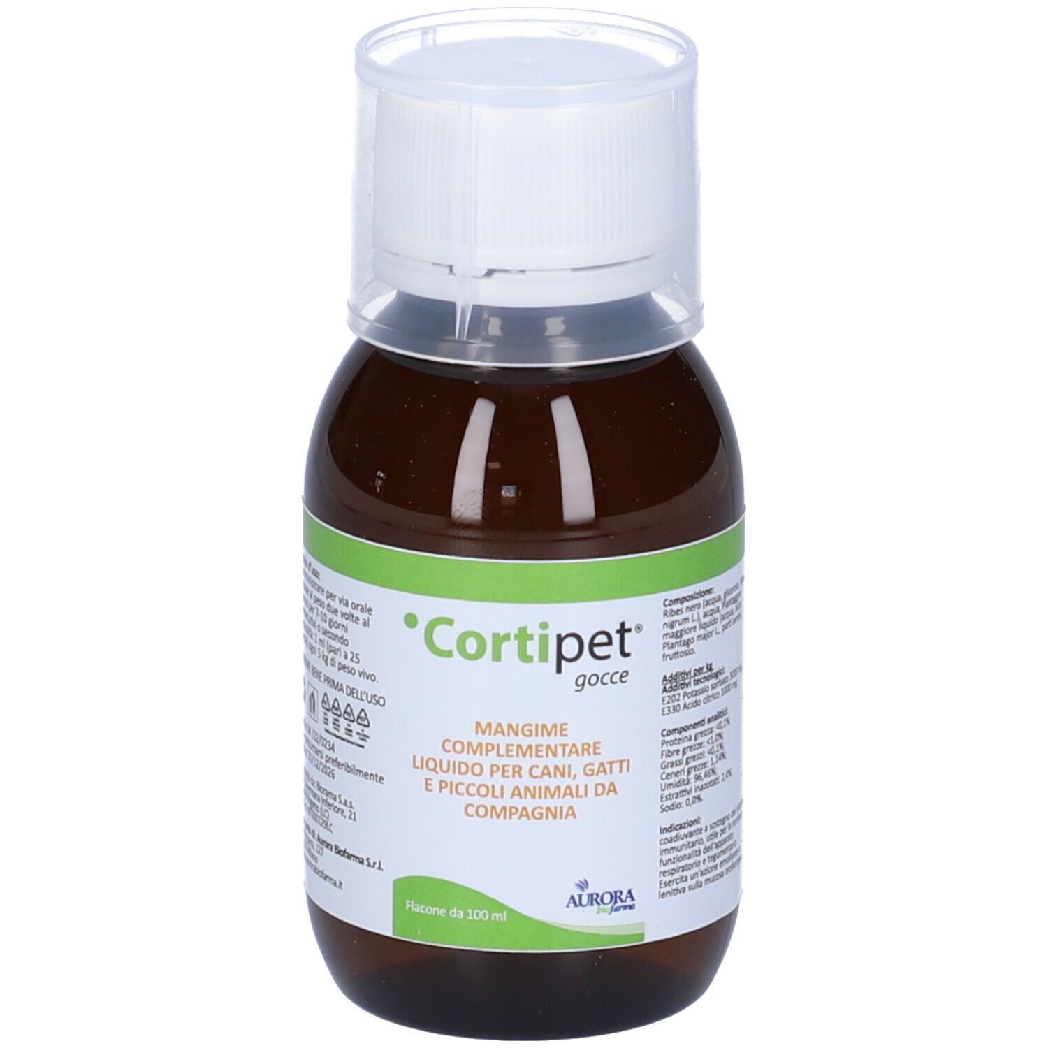 Flacone marrone con tappo bianco. Scritta: Cortipet gocce. Mangime complementare per cani, gatti e piccoli animali.