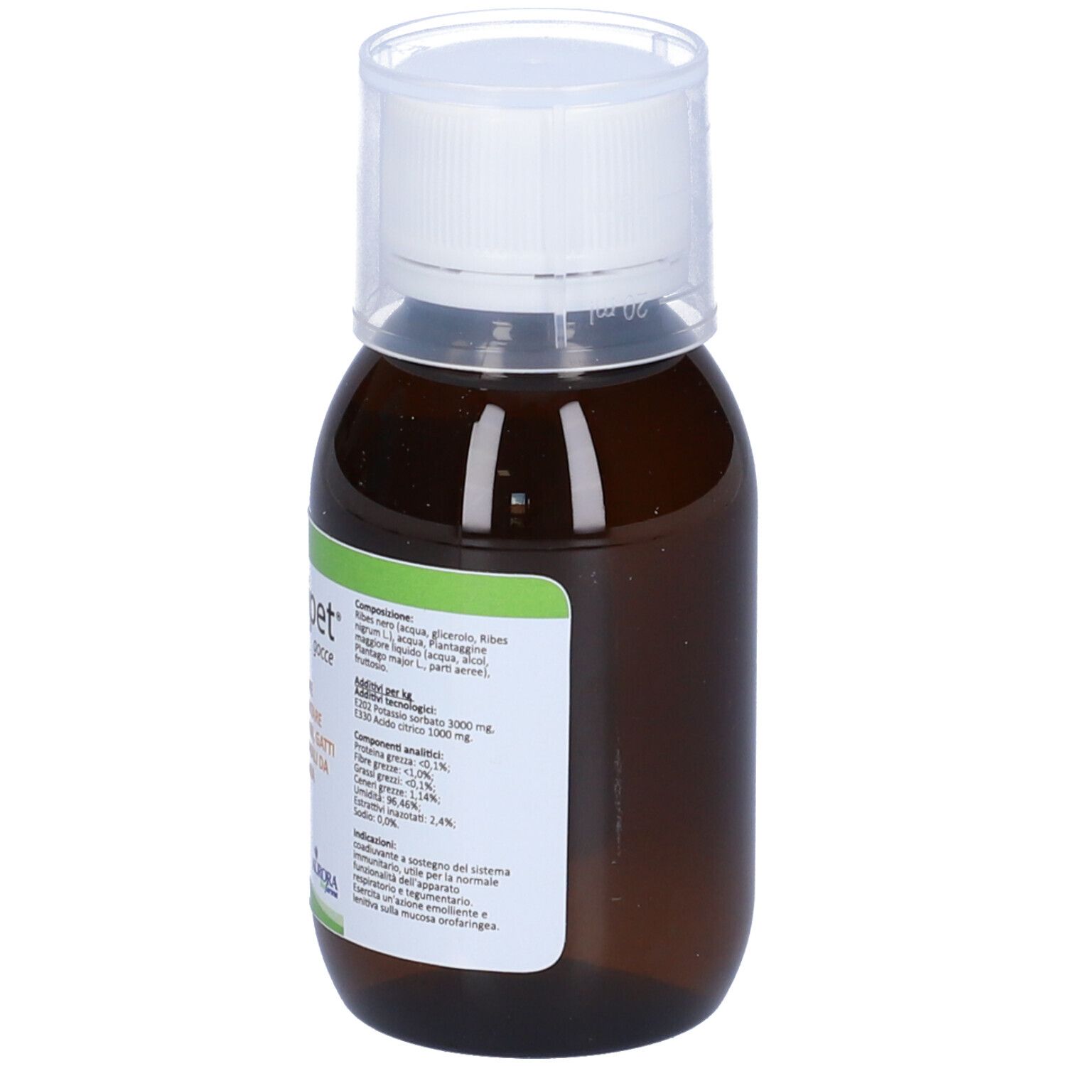 Flacone marrone con tappo bianco. Scritta: Cortipet gocce. Retro con ingredienti e informazioni.