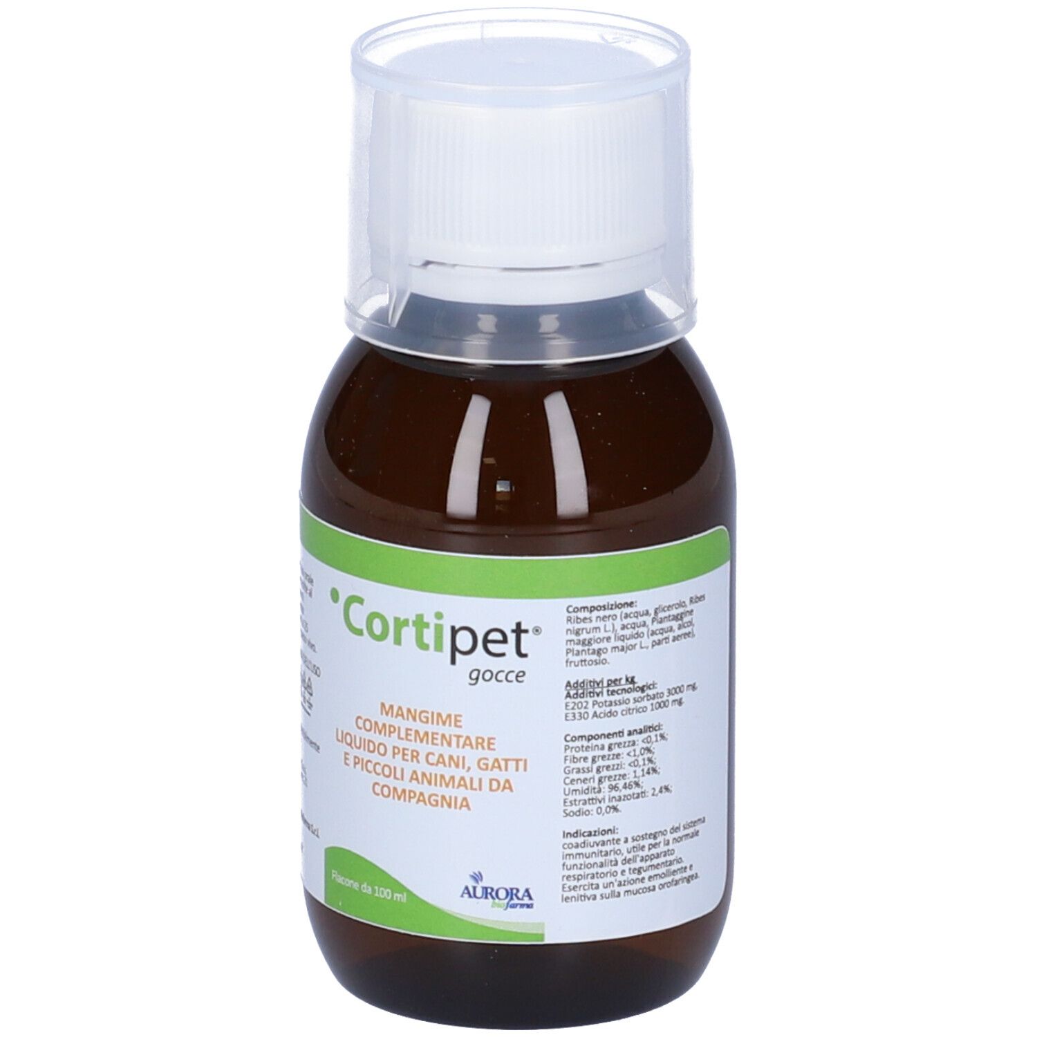 Flacone marrone con tappo bianco. Scritta: Cortipet gocce. Mangime complementare per cani, gatti e piccoli animali.