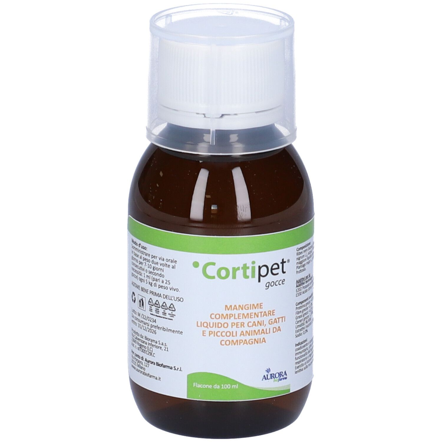 Flacone marrone con tappo bianco. Scritta: Cortipet gocce. Mangime complementare per cani, gatti e piccoli animali.