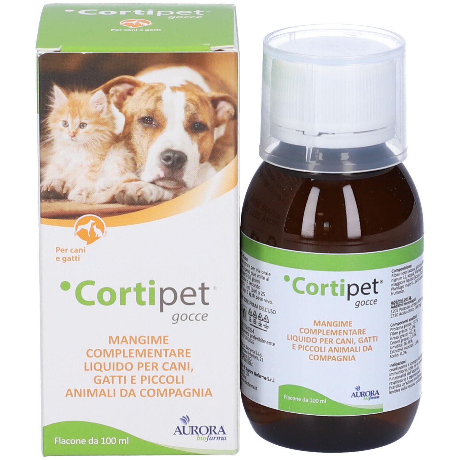 Flacone marrone e scatola. Scritta: Cortipet gocce. Immagine di cane e gatto. Mangime complementare.