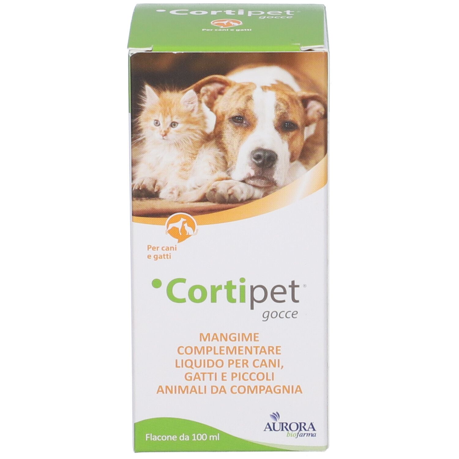 Scatola con immagine di cane e gatto. Scritta: Cortipet gocce. Mangime complementare per cani e gatti.