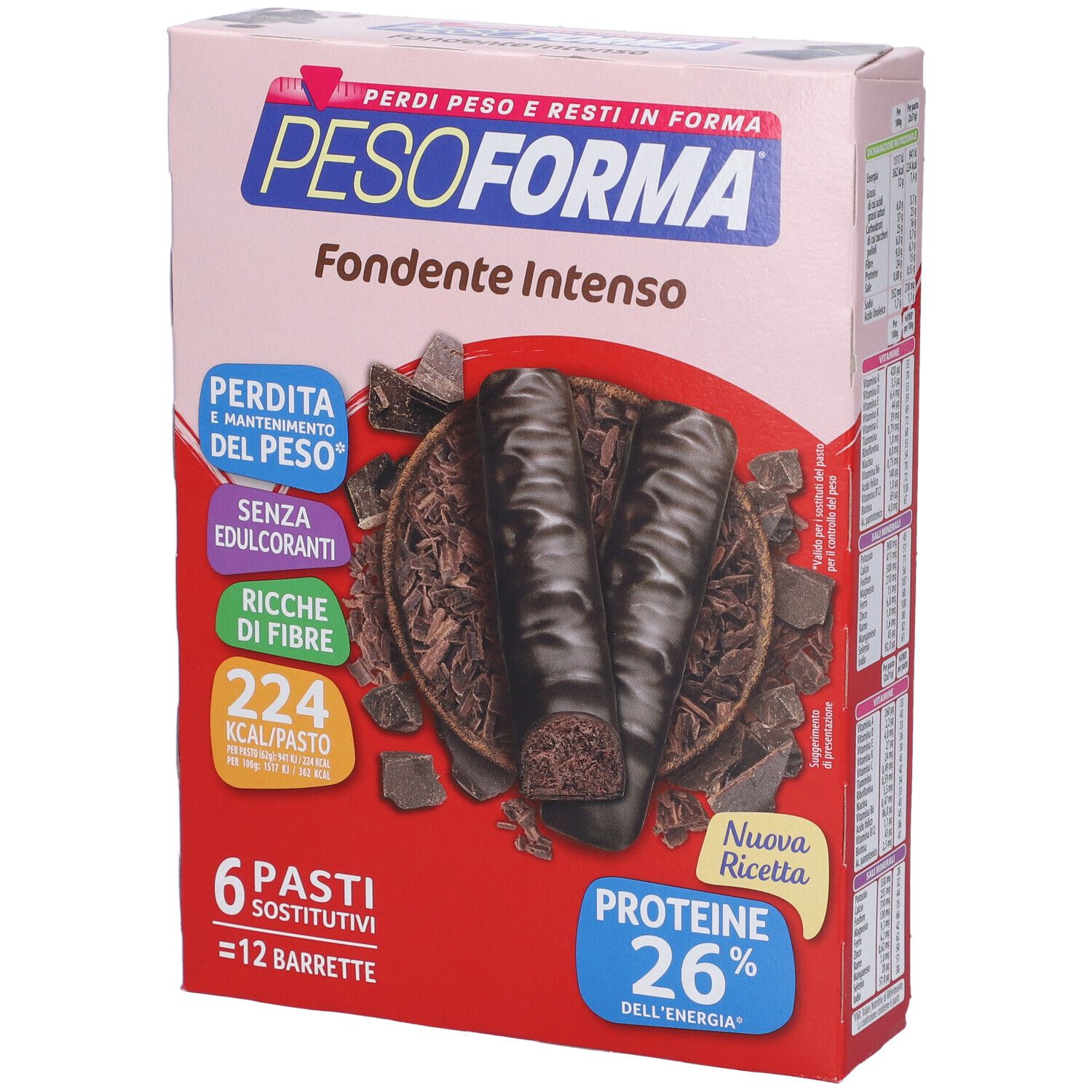 Confezione Pesoforma Fondente Intenso. Mostra barrette, scaglie di cioccolato e informazioni sul prodotto.