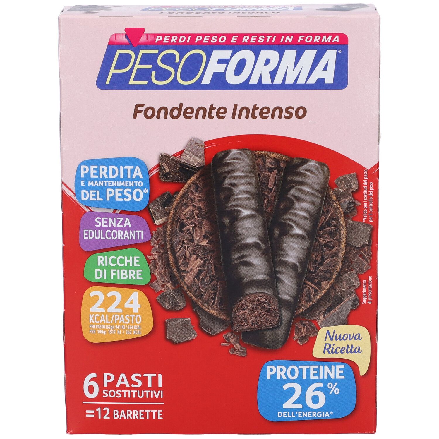 Vista frontale della confezione Pesoforma Fondente Intenso. Mostra barrette, cioccolato e info.