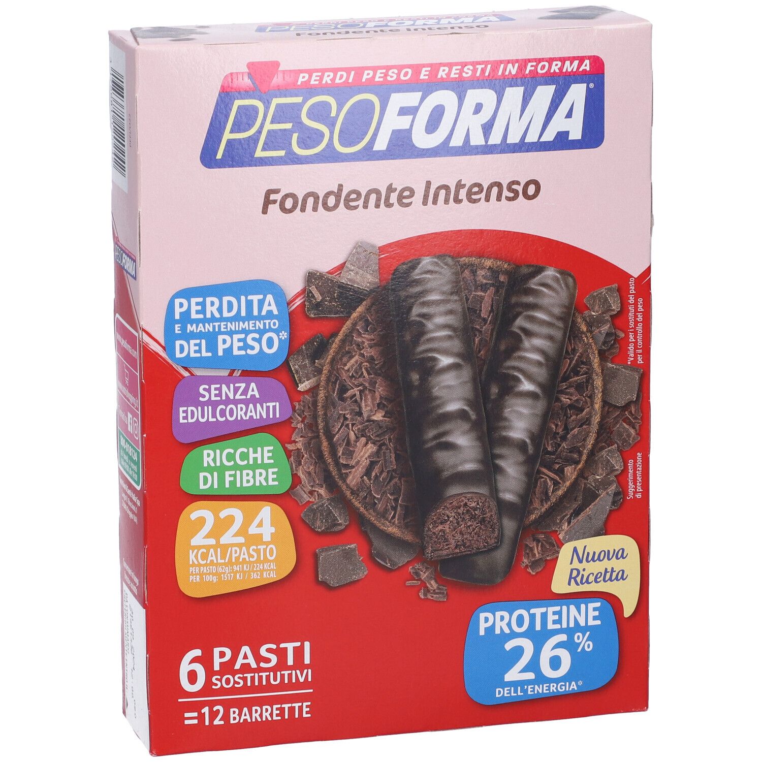 Vista frontale della confezione Pesoforma Fondente Intenso. Mostra barrette, cioccolato e info.