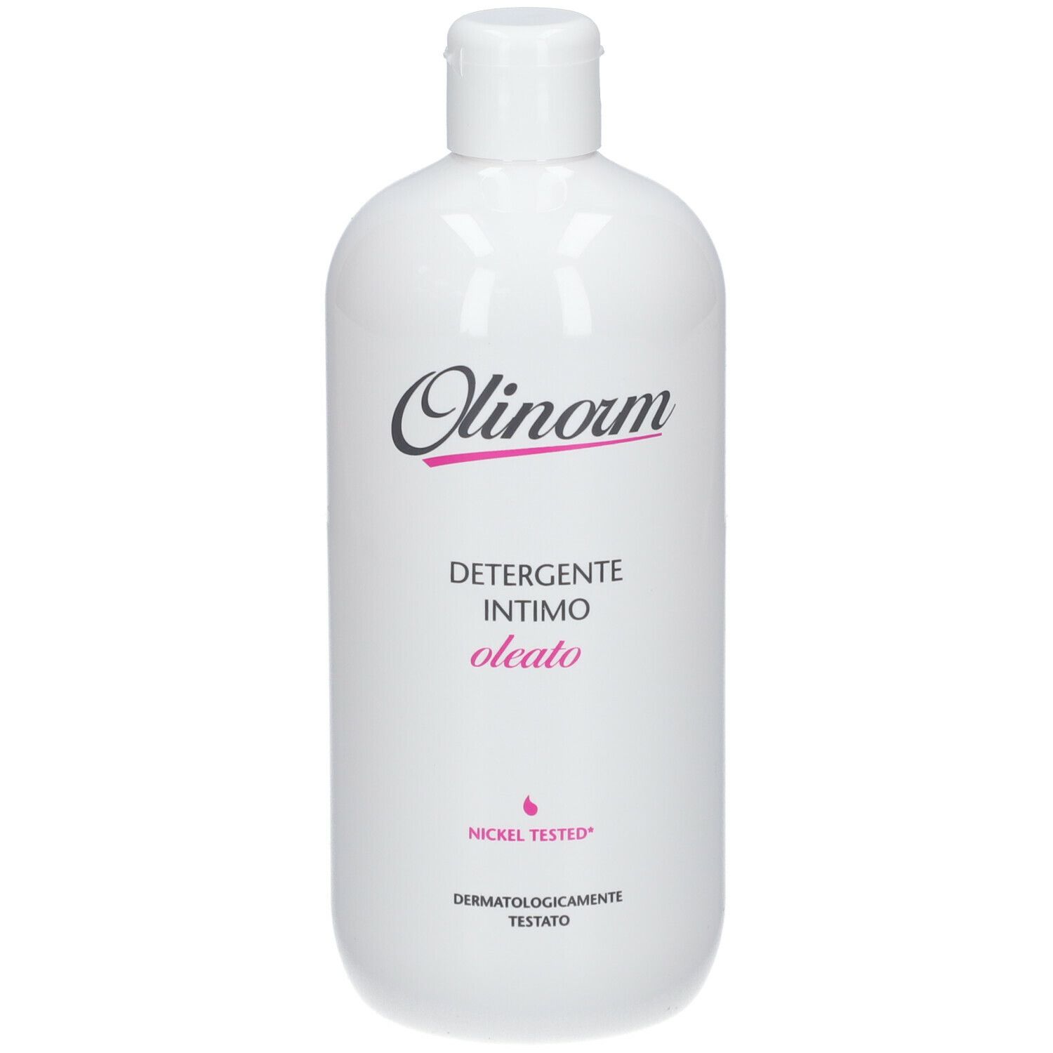 Flacone bianco con tappo a ribalta. Scritta: Olinorm, Detergente Intimo Oleato. Nickel Tested.