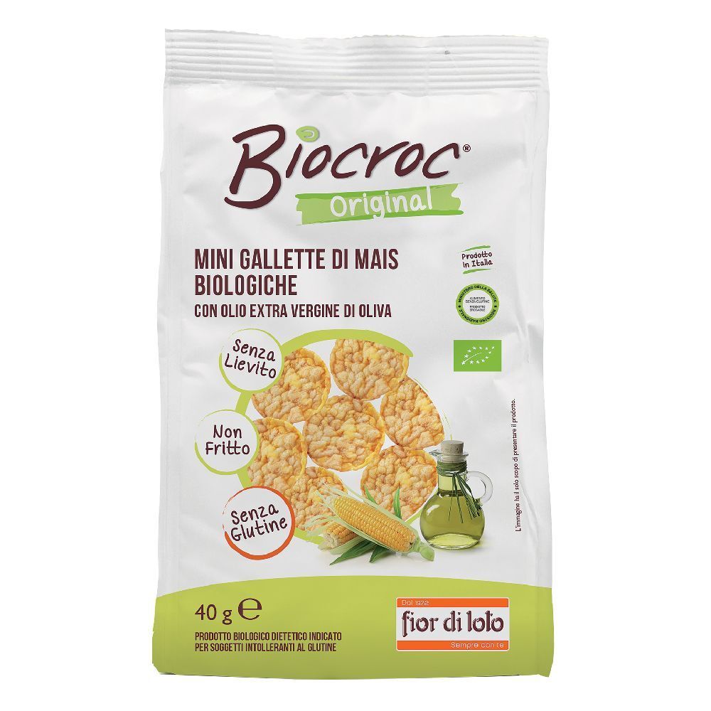Confezione di Biocroc Mini Gallette Mais Bio. Scritte: Mini Gallette di Mais Biologiche, Olio Extra Vergine di Oliva, Non Fritto, Senza Glutine.
