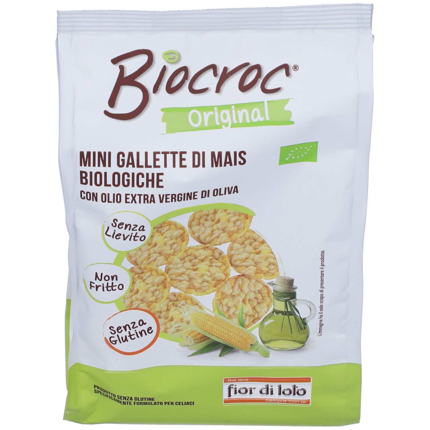 Confezione Biocroc Mini Gallette Mais Bio. Scritte: Mini Gallette di Mais Biologiche, Olio Extra Vergine di Oliva, Non Fritto, Senza Glutine.